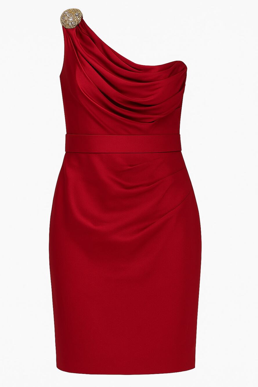 Marchesa Notte Red One-Shoulder Rhinestone Embellished Draped Dress Size 6
